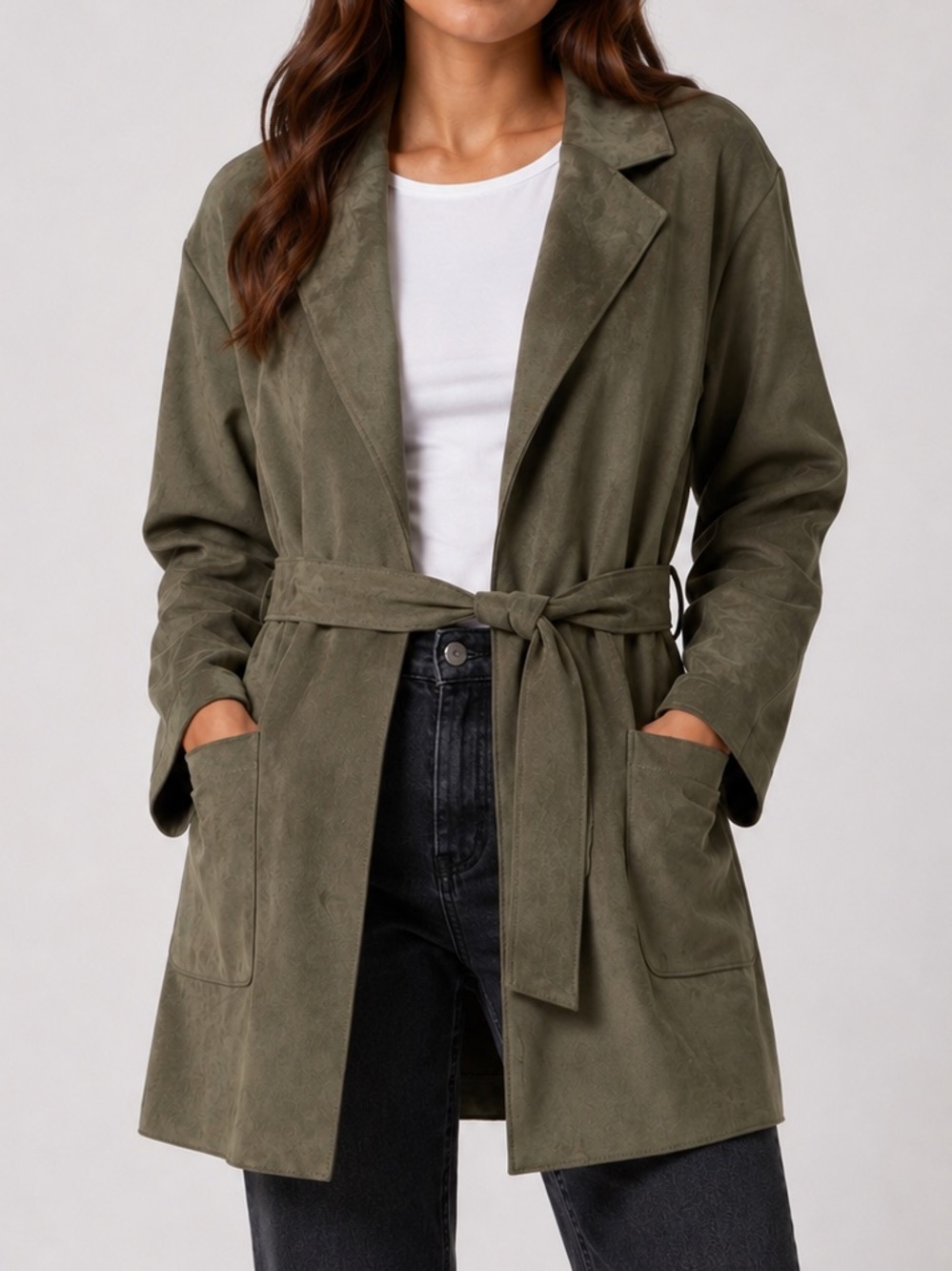 Zara Faux Suede Belted Coat Jacket Olive Green Size M